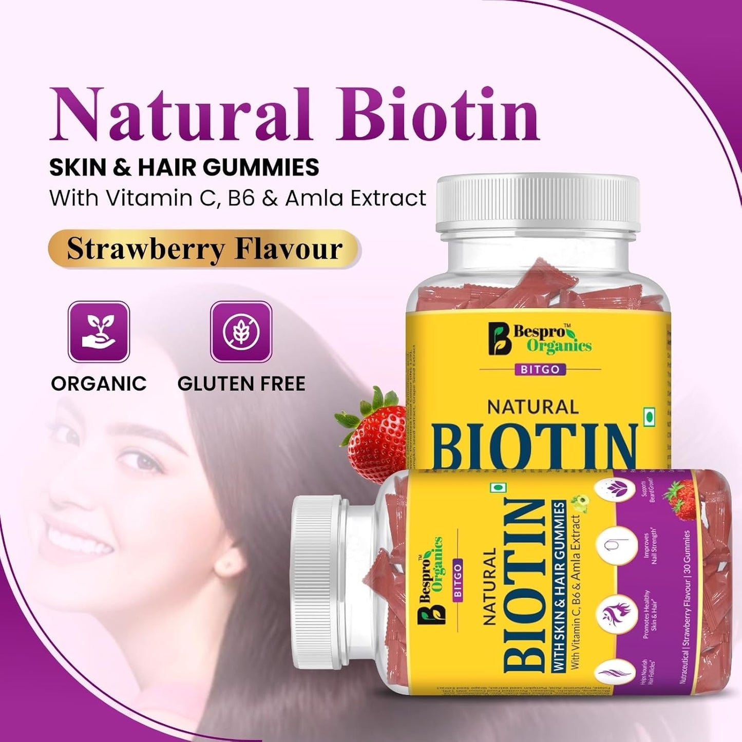 Bespro Organics Natural Biotin Gummies – With Vitamin C, B6 & Amla Extract | Strawberry Flavor