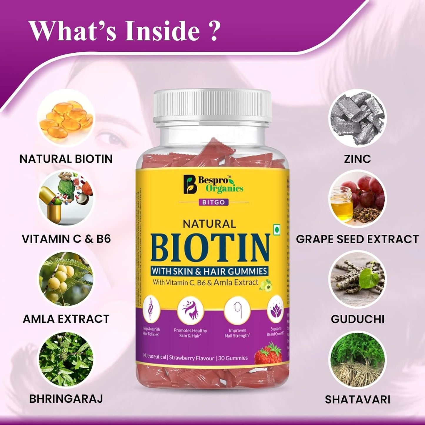 Bespro Organics Natural Biotin Gummies – With Vitamin C, B6 & Amla Extract | Strawberry Flavor